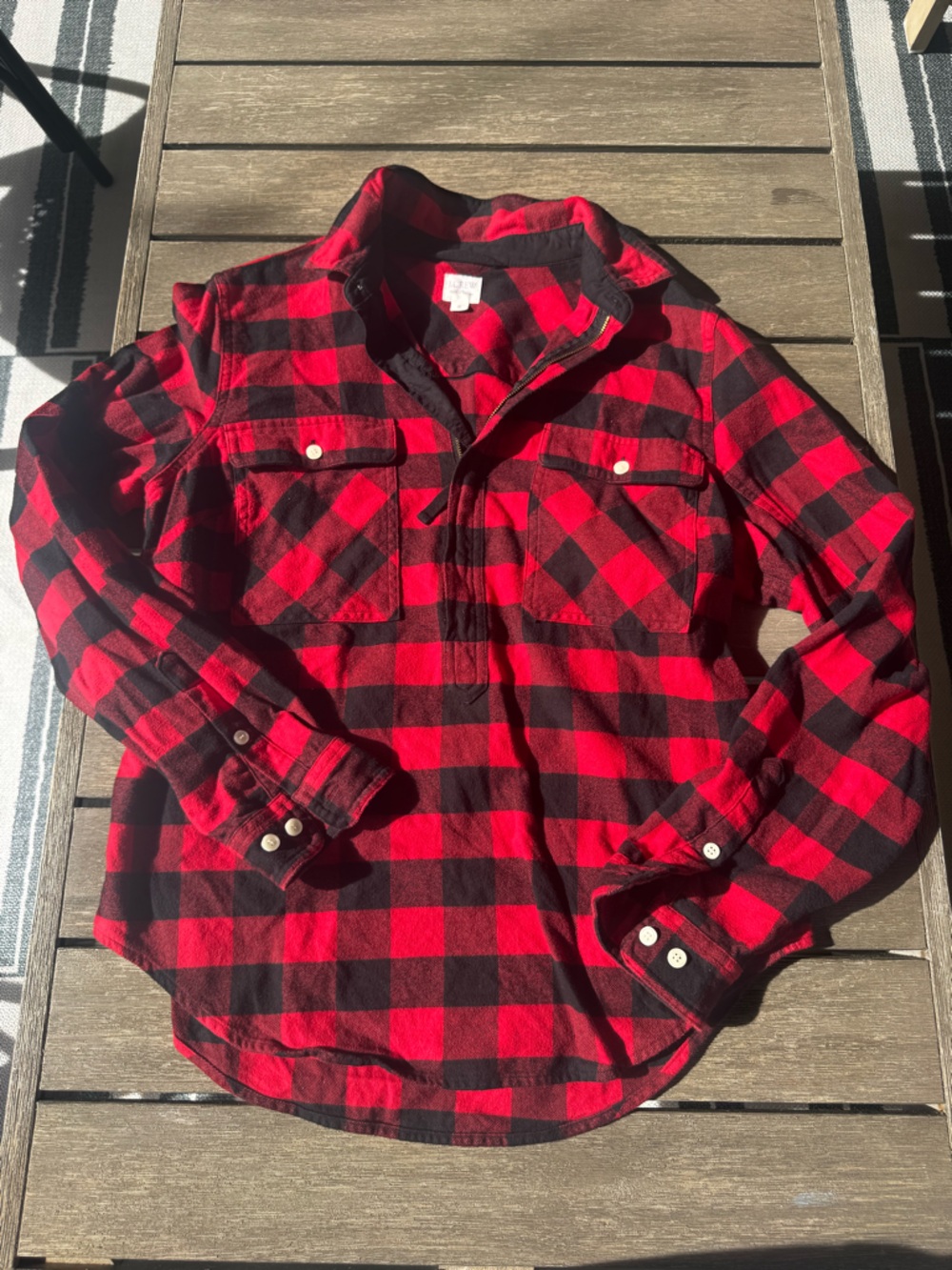 J. Crew Women’s Half Zip Red and Black Buffalo Plaid Shirt